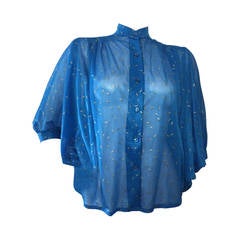 1970s Jenni Glitter Organza Cobalt Blue Button Down Blouse w/ Full Sleeves