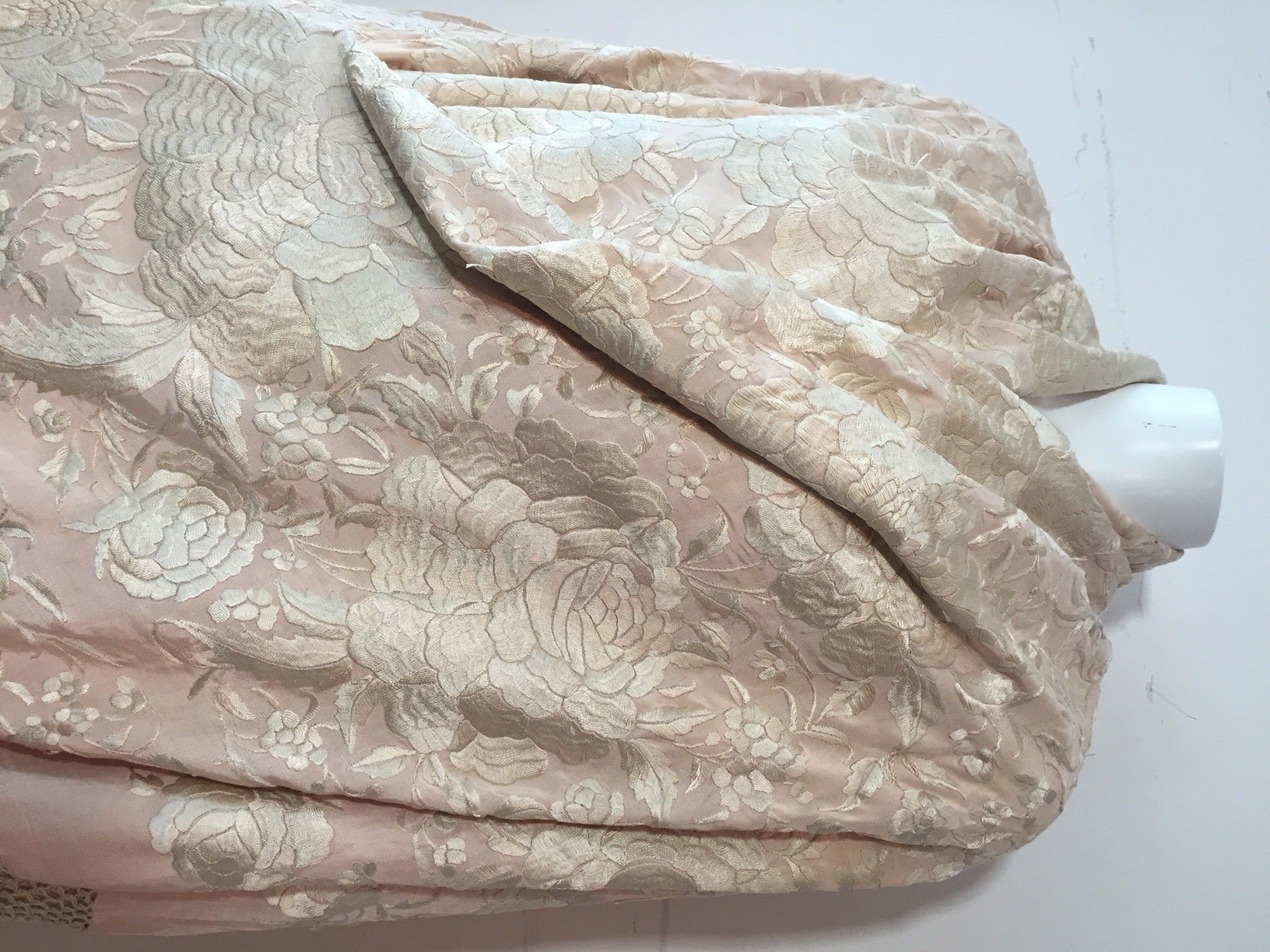 1920s Cantonese Embroidered and Fringed Silk Shawl in Blush and Pearl 1