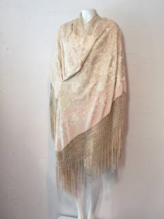 1920s Cantonese Embroidered and Fringed Silk Shawl in Blush and Pearl
