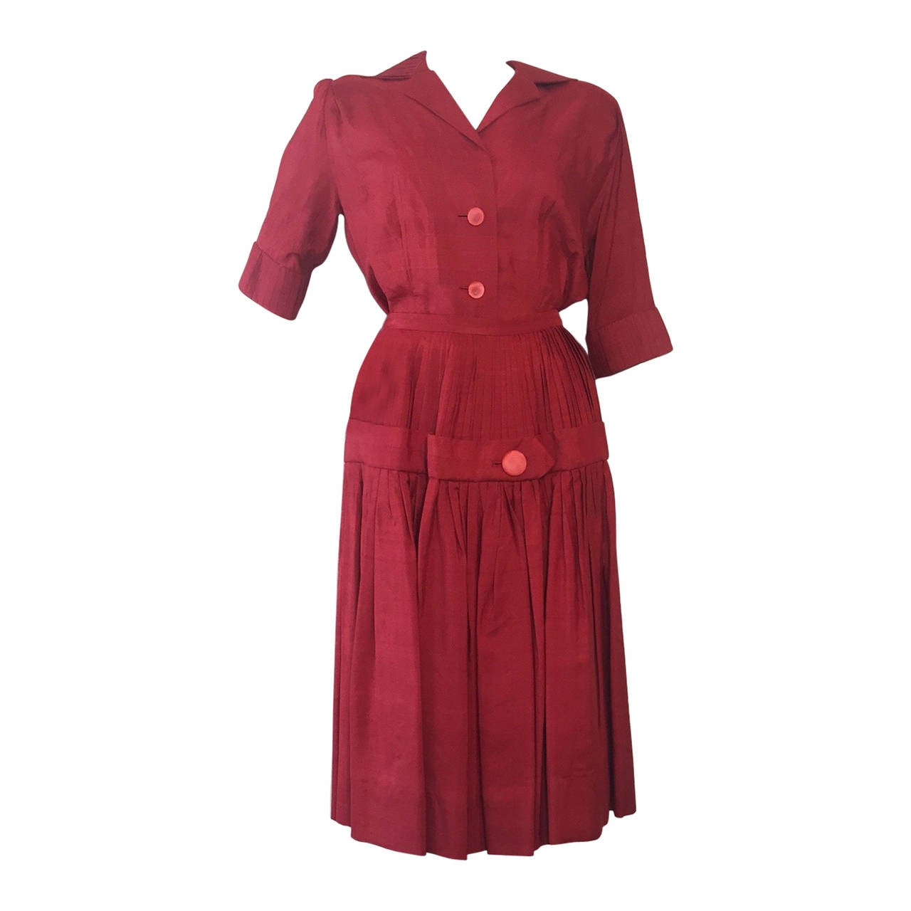 1950s Red Silk Blouse and Pleated Skirt Ensemble