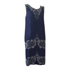 1920s Indigo Blue Silk Beaded Art Deco Cocktail Dress