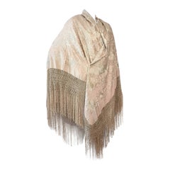 Antique 1920s Cantonese Embroidered and Fringed Silk Shawl in Blush and Pearl
