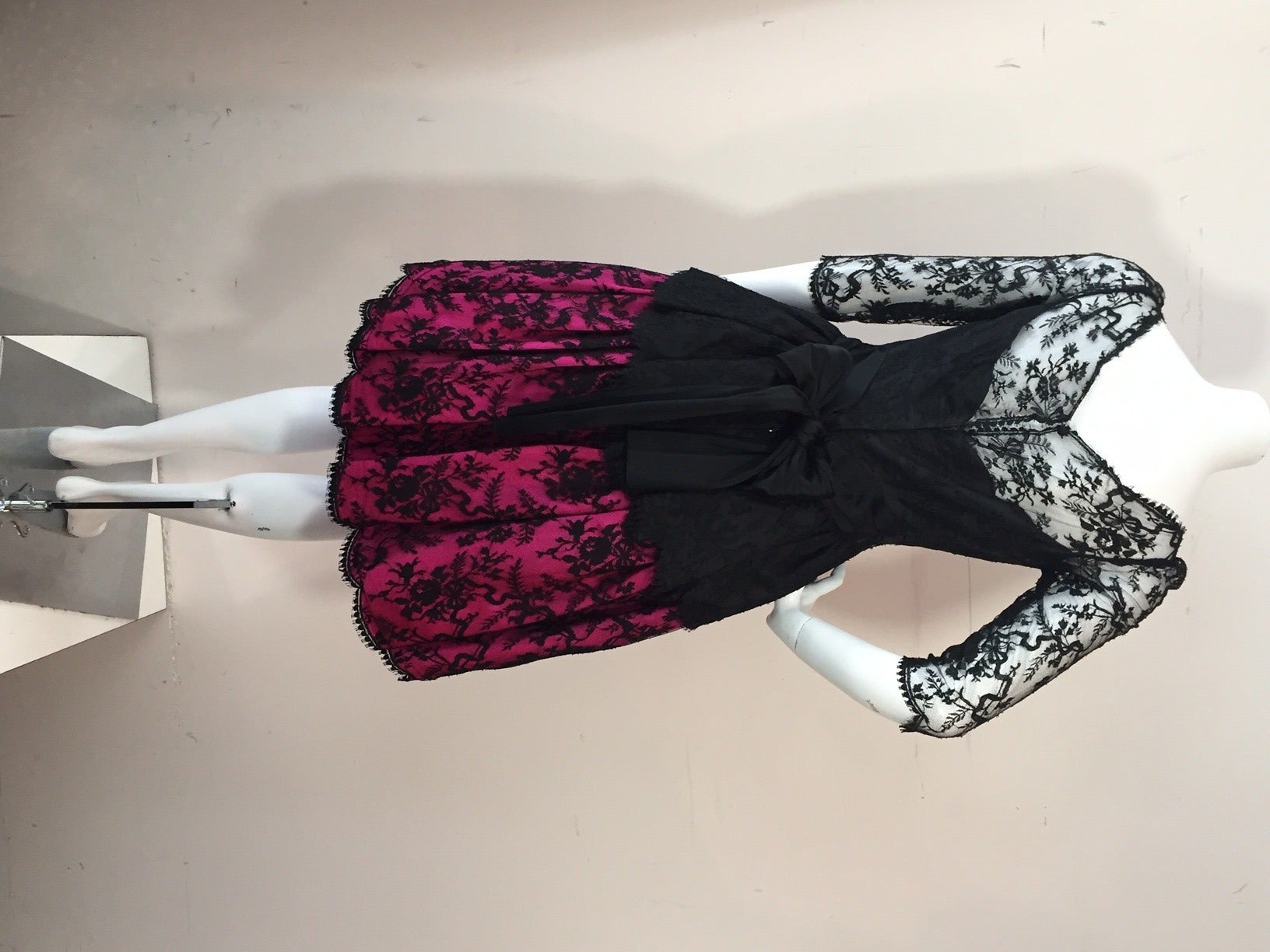 1980s Bill Blass Black Lace and Fuchsia Bustle Cocktail Dress 4