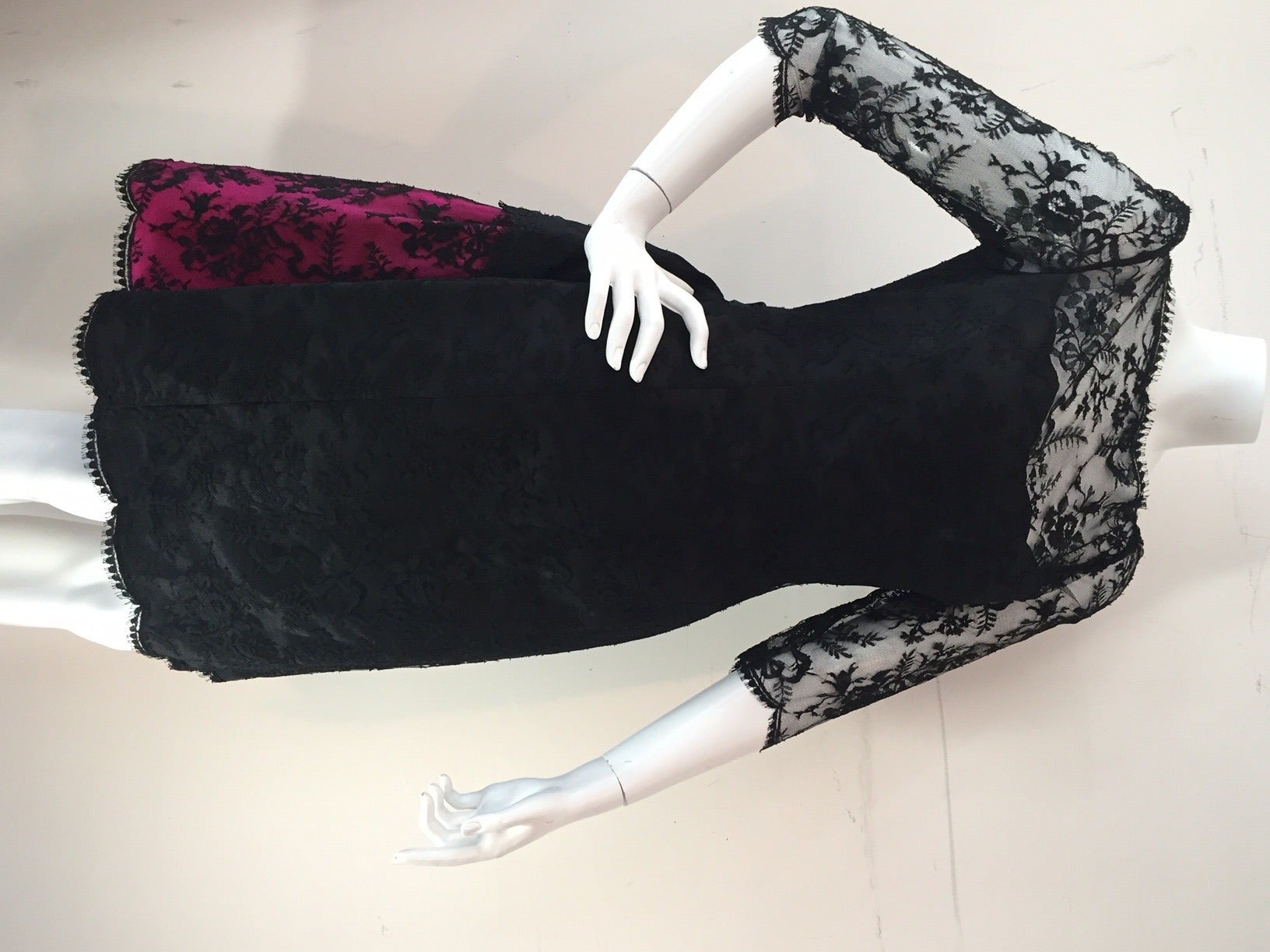 1980s Bill Blass Black Lace and Fuchsia Bustle Cocktail Dress 1