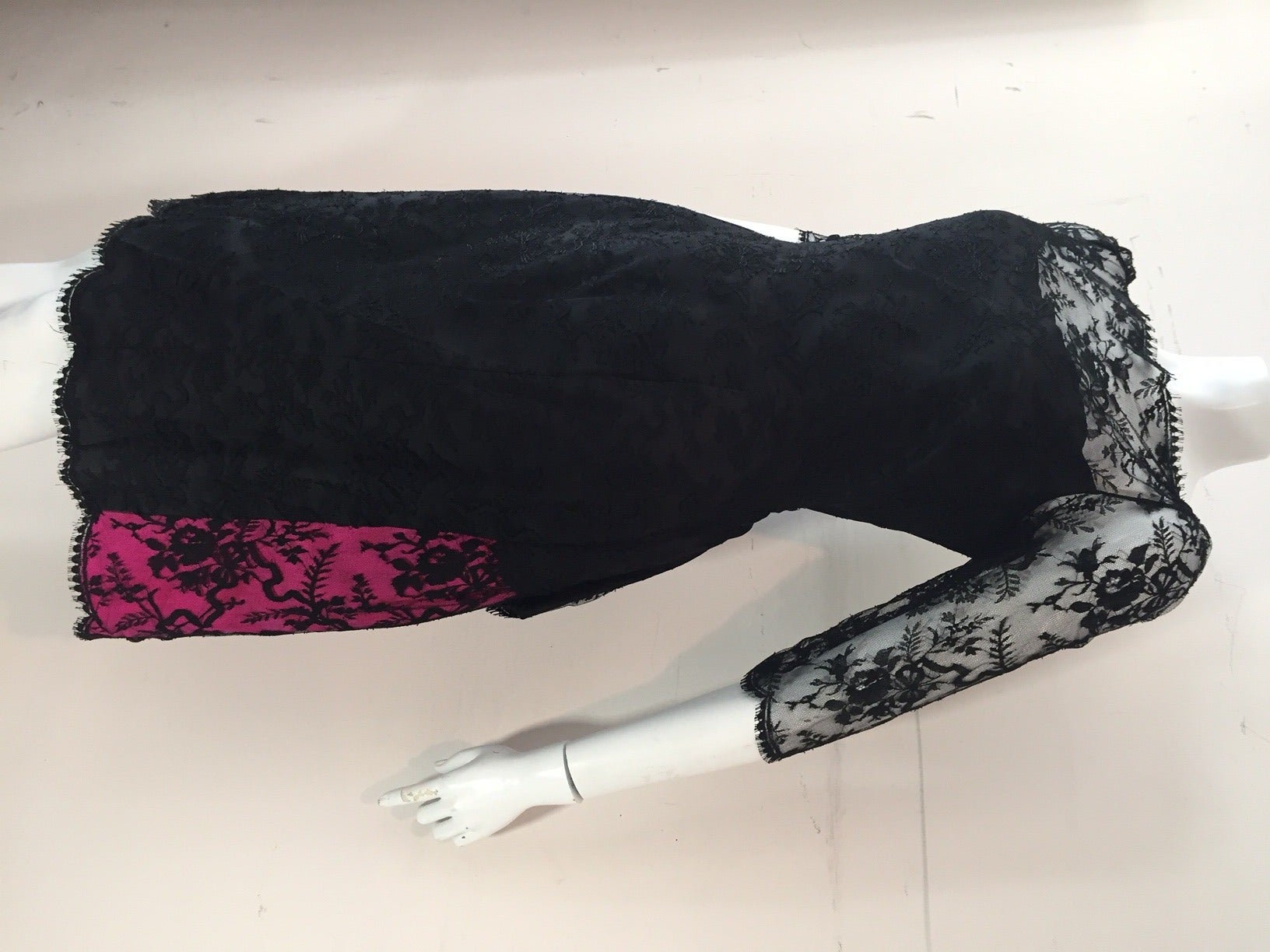 1980s Bill Blass Black Lace and Fuchsia Bustle Cocktail Dress In Excellent Condition In Gresham, OR