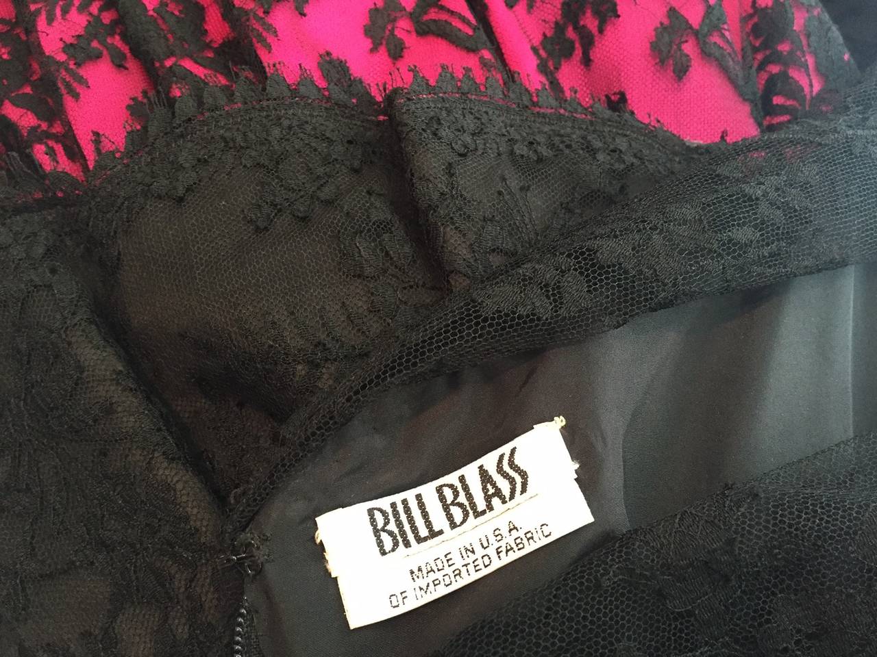 1980s Bill Blass Black Lace and Fuchsia Bustle Cocktail Dress 5