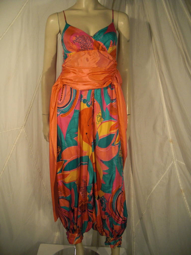 1970s Vivid Patterned Harem Silk Jumpsuit with Waist Sash In Excellent Condition In Gresham, OR