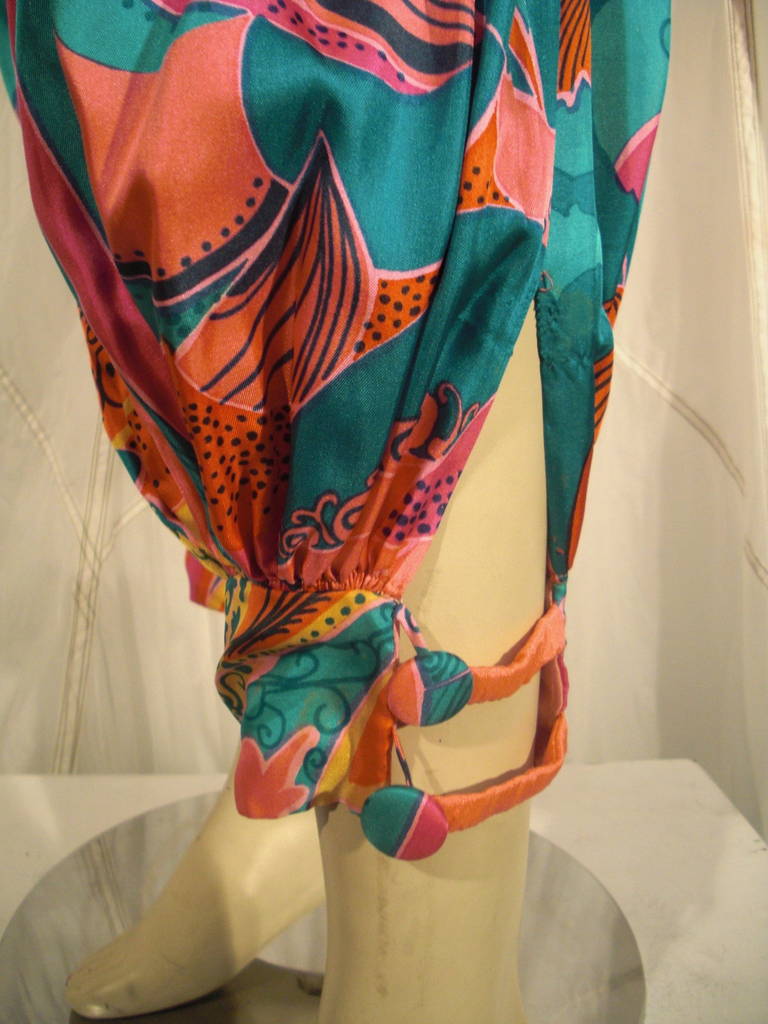 1970s Vivid Patterned Harem Silk Jumpsuit with Waist Sash 2