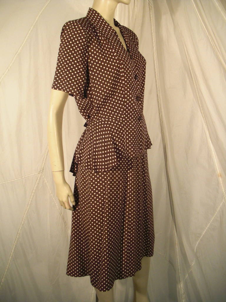 1940s 2-Piece Rayon Brown and White Polka Dot  Day Suit

With A-Line Skirt and Back Tie Button Front