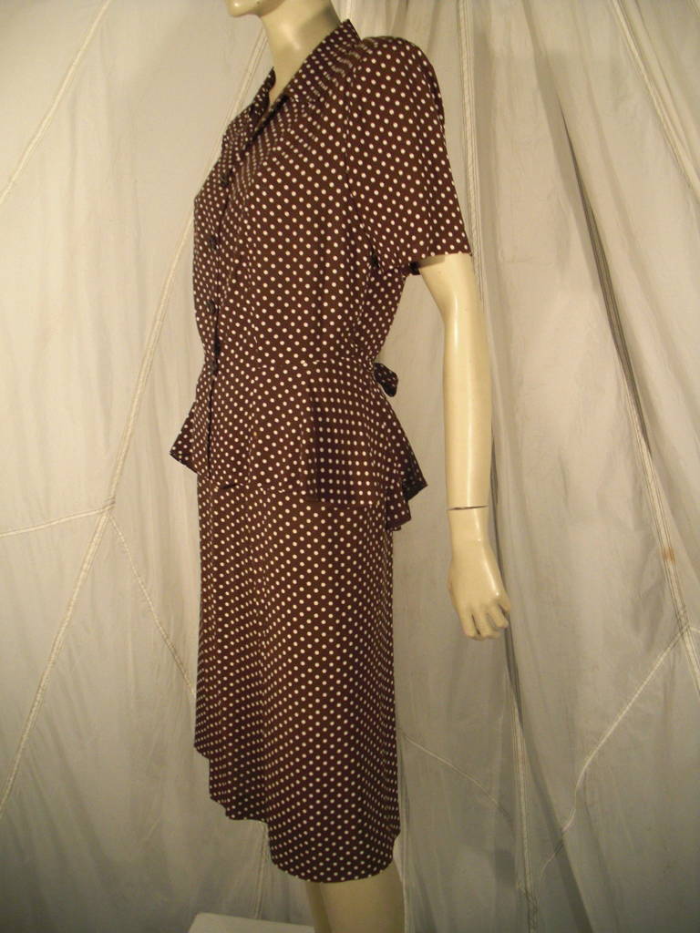 1940s 2-Piece Rayon Brown and White Polka Dot  Day Suit In Excellent Condition In Gresham, OR