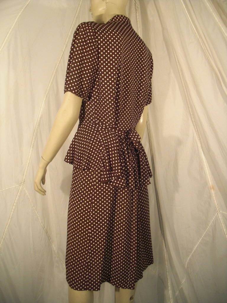 1940s 2-Piece Rayon Brown and White Polka Dot  Day Suit 1