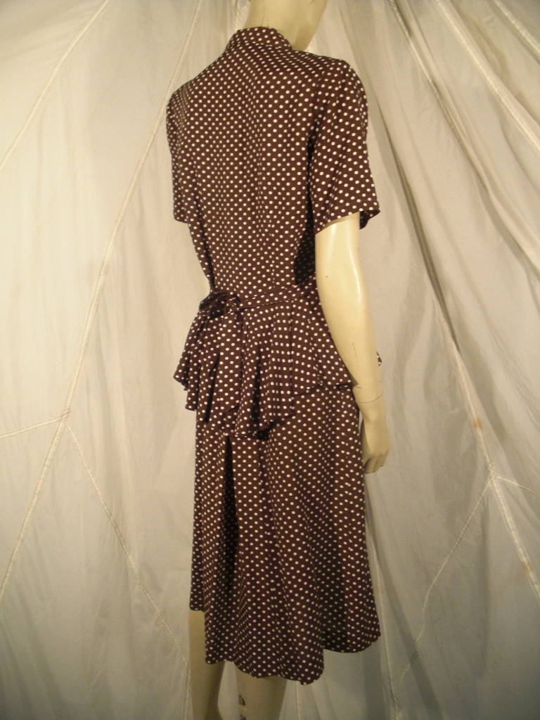 1940s 2-Piece Rayon Brown and White Polka Dot  Day Suit 2