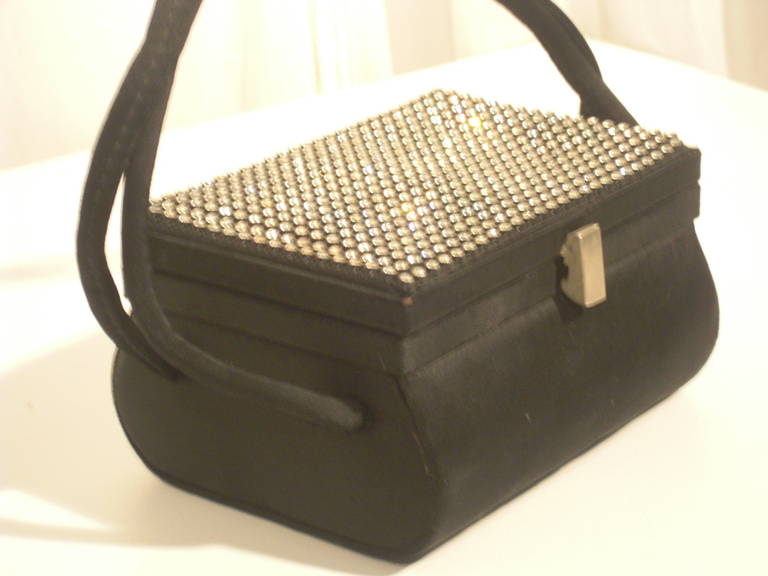 1960s Black Satin and Rhinestone Evening Bag with Satin Cord Handle For
