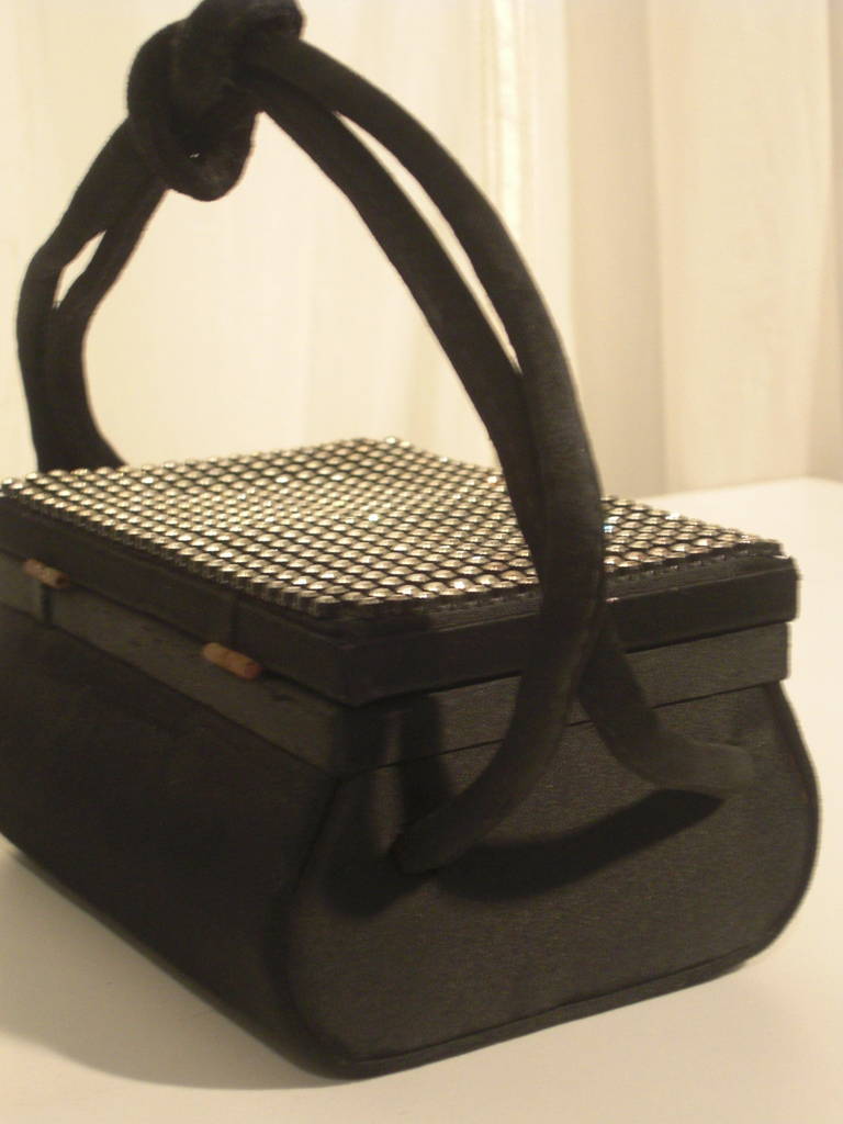1960s Black Satin and Rhinestone Evening Bag with Satin Cord Handle For