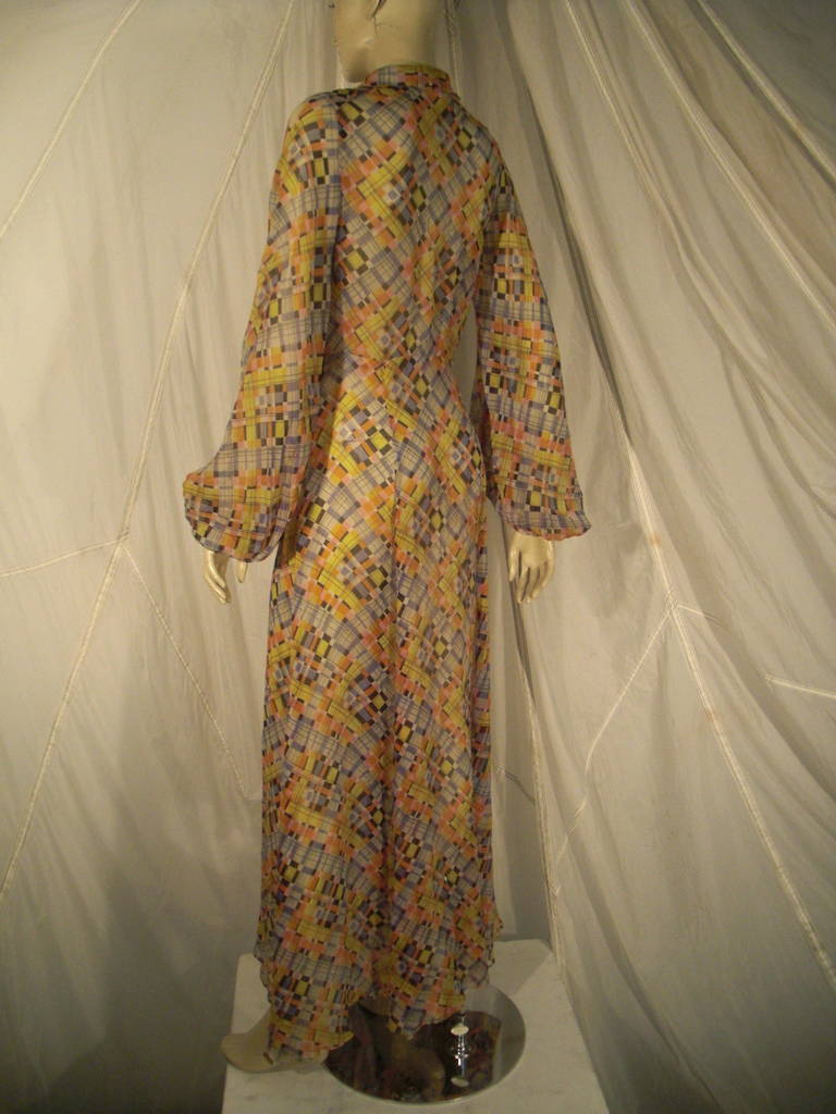 Brown 1930s Whimsical Plaid Print Silk Chiffon Gown