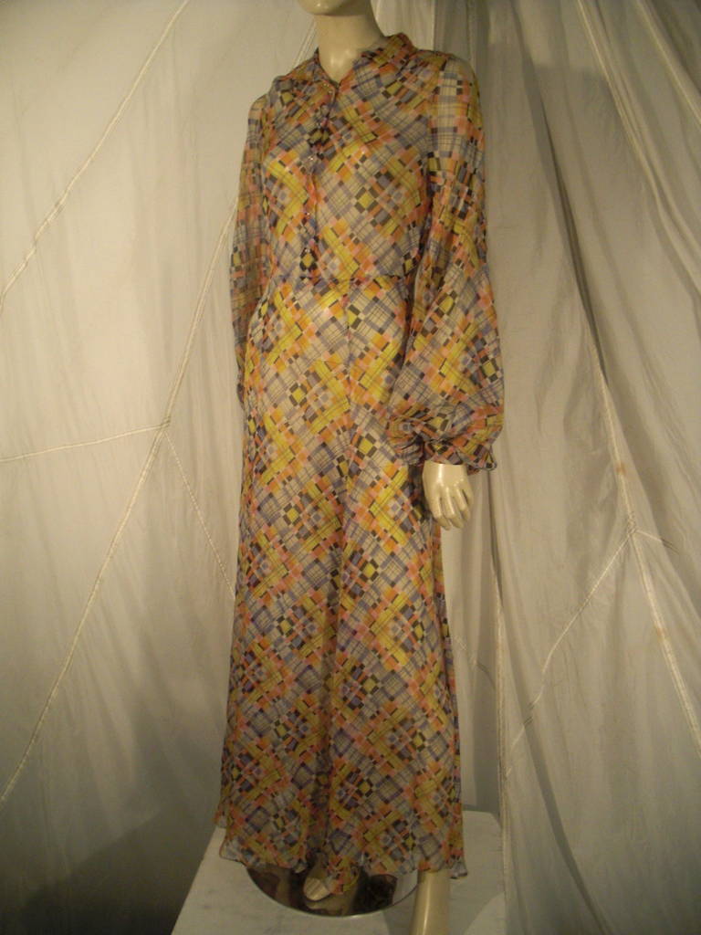 1930s Whimsical Plaid Print Silk Chiffon Gown In Excellent Condition In Gresham, OR