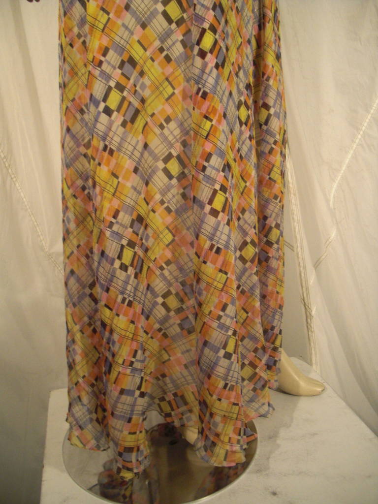 Women's 1930s Whimsical Plaid Print Silk Chiffon Gown