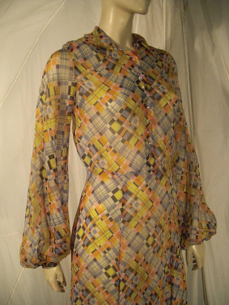 1930s Whimsical Plaid Print Silk Chiffon Gown 1