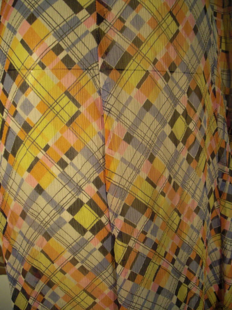 1930s Whimsical Plaid Print Silk Chiffon Gown 2