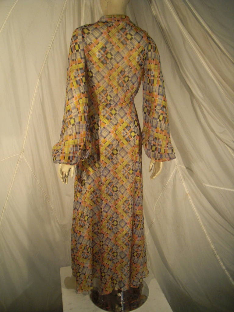 1930s Whimsical Plaid Print Silk Chiffon Gown 3