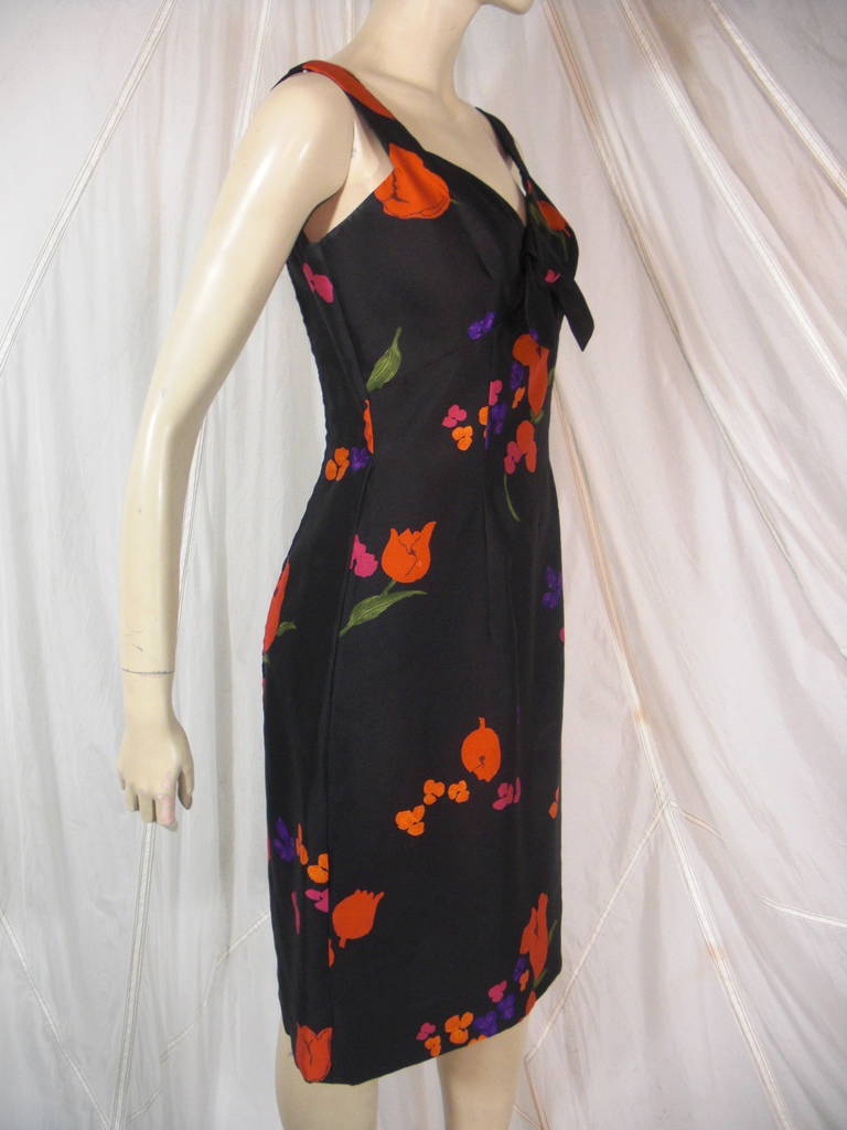 1960s Estevez Black and Red Silk Print Cocktail Dress