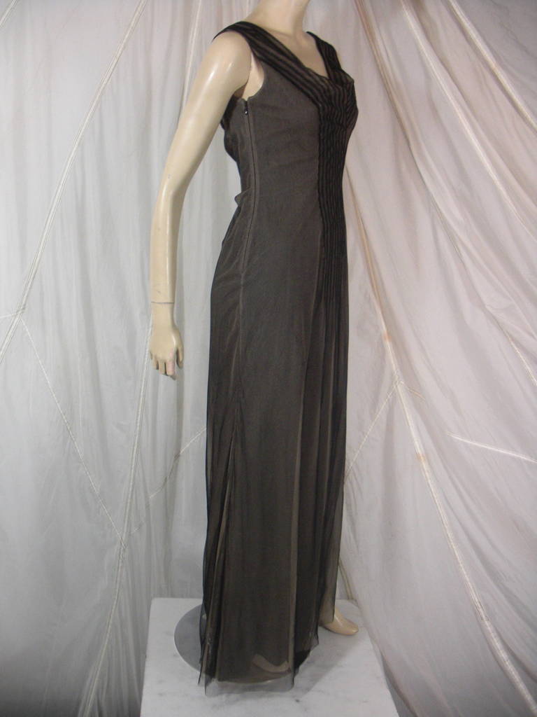 1990s Richard Tyler Couture Black Gown with Mesh Overlays

Featuring Deco Stripe Design on Front and Back

Side Zip