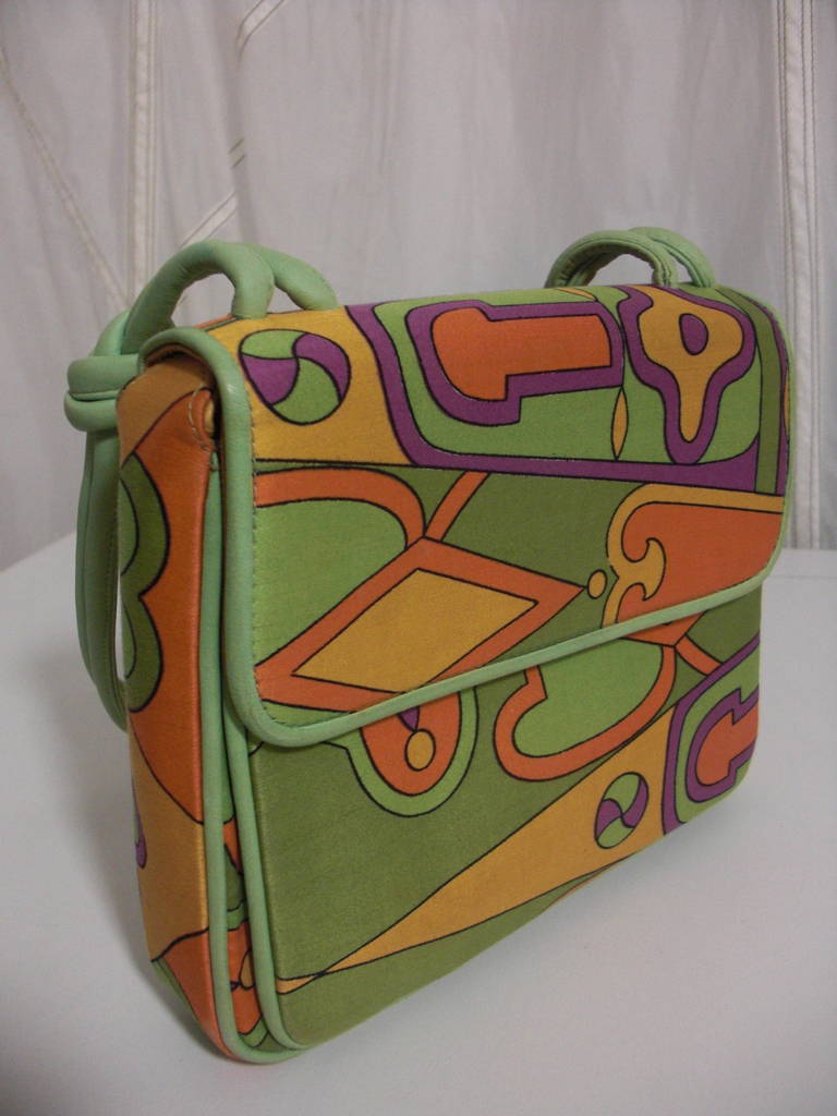 1960s Koret Silk Print Hand Bag with Yellow Leather interior and Padded Leather Corded Handle.