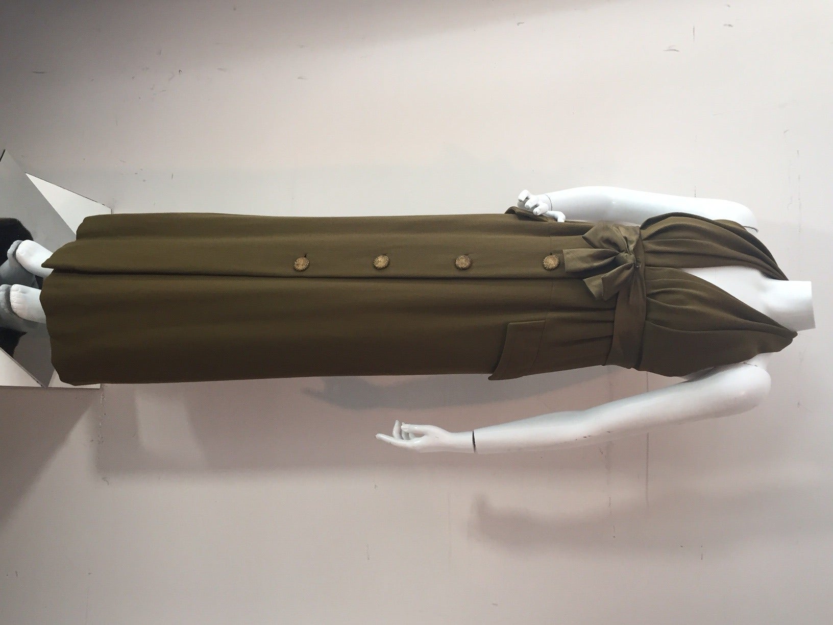 1970s James Galanos Olive Crepe Empire Halter Gown In Excellent Condition In Gresham, OR