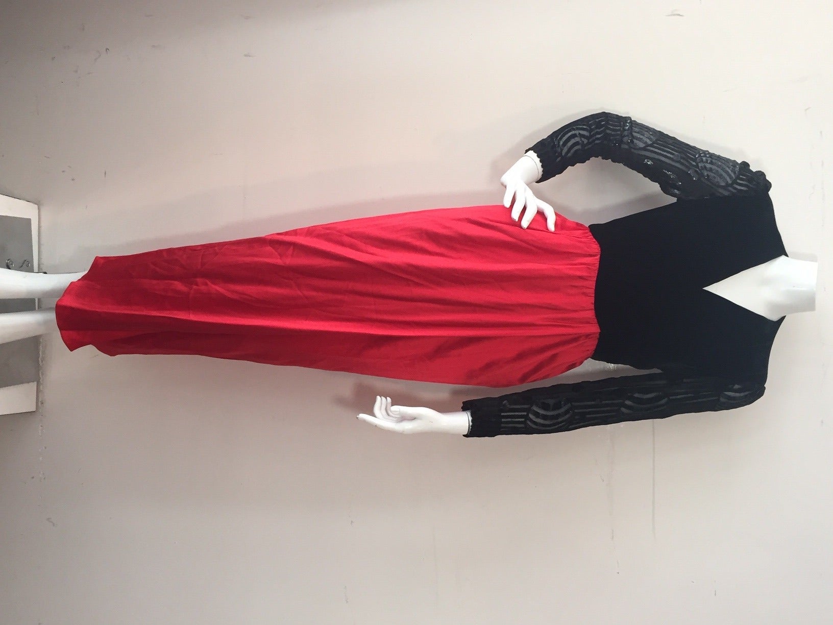1980s Peek-a-Boo Black Burn-Out Velvet and Red Crepe Siren Gown 3