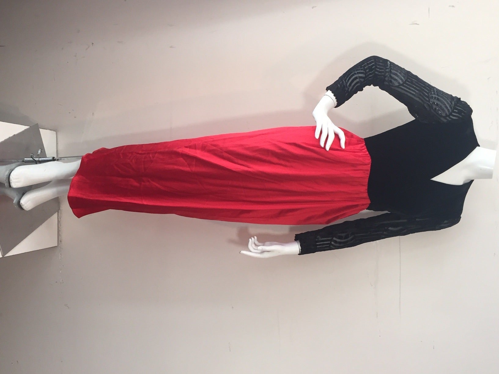 1980s Peek-a-Boo Black Burn-Out Velvet and Red Crepe Siren Gown 2