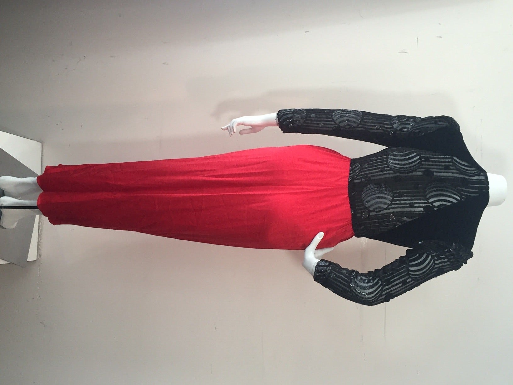 1980s Peek-a-Boo Black Burn-Out Velvet and Red Crepe Siren Gown 1