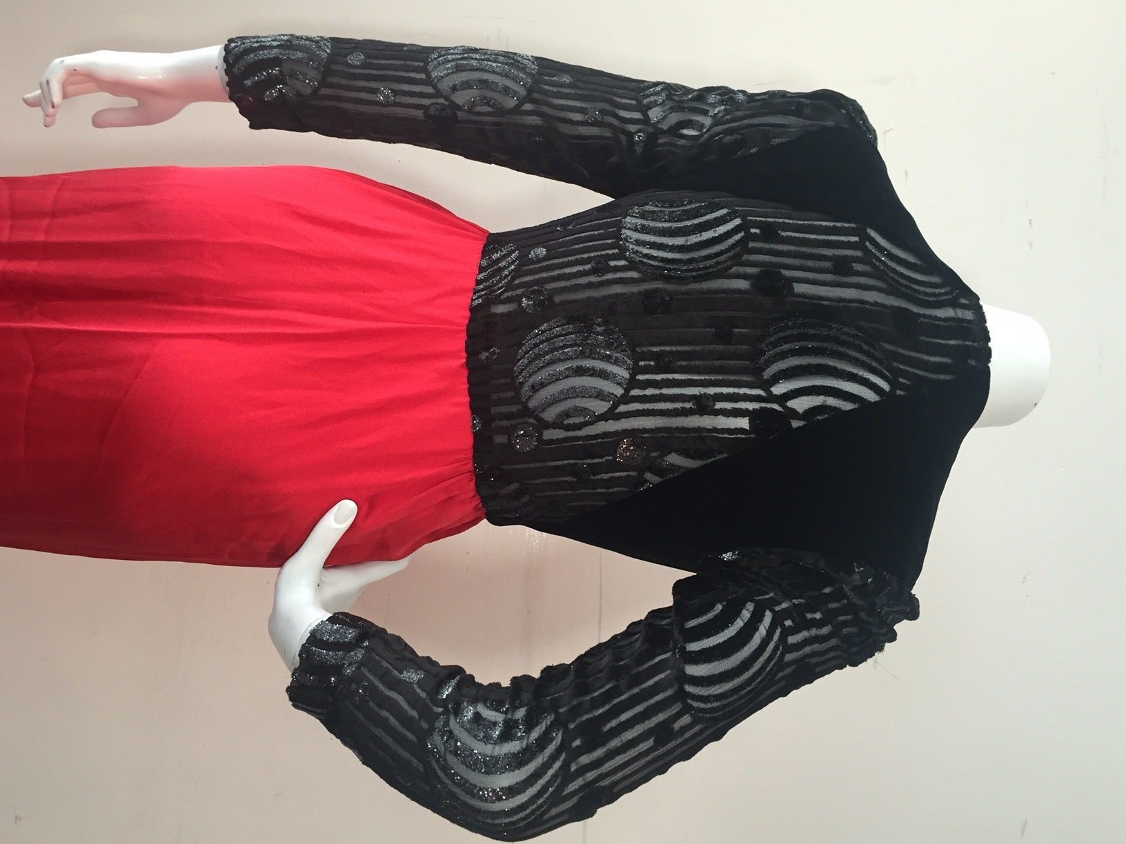 1980s Peek-a-Boo Black Burn-Out Velvet and Red Crepe Siren Gown 4