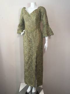 1960s Rose Taft Green and Gold Lame Lace Gown