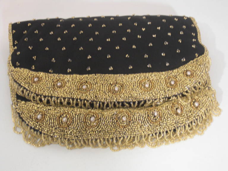 Black 1950s Koret Tresor Beaded Clutch in Silk Faille with Gold Beading