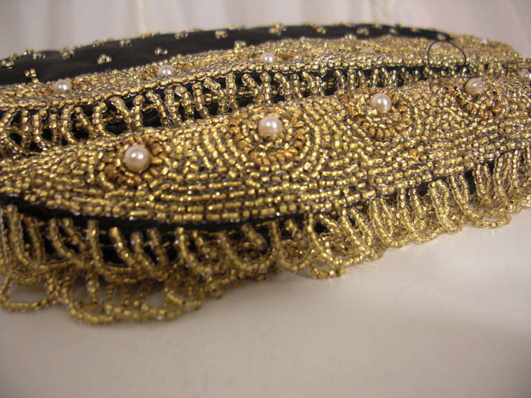 1950s Koret Tresor Beaded Clutch in Silk Faille with Gold Beading In Good Condition In Gresham, OR