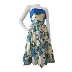 1950s Silk Floral Print Strapless Summer Dress in White, Blue and Green