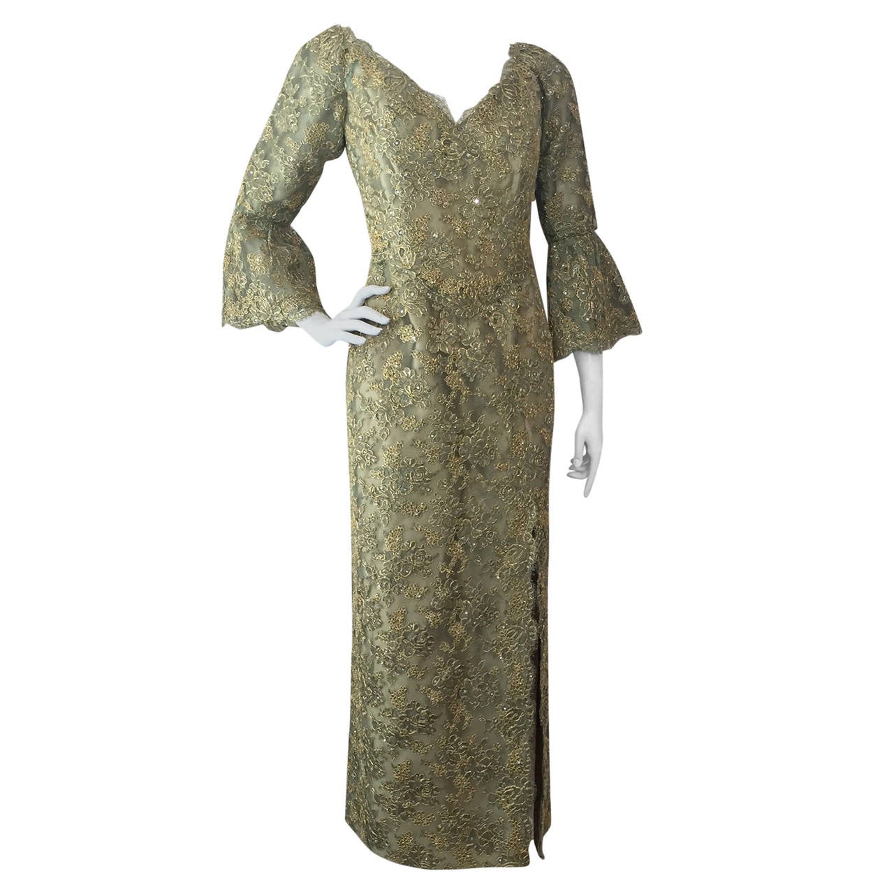 1960s Rose Taft Green and Gold Lame Lace Gown