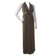 1970s James Galanos Olive Crepe Empire Halter Gown