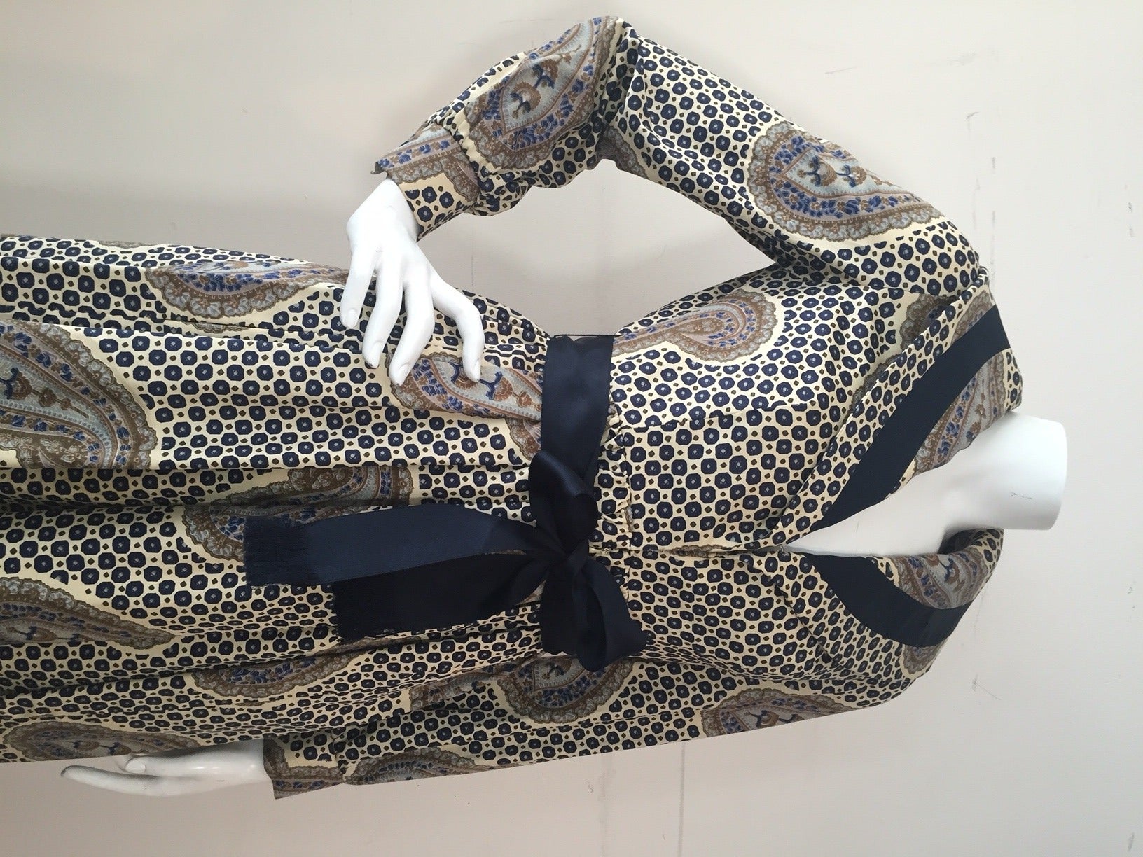 1960s Geoffrey Beene Shawl-Collared Cotton Sateen Paisley Print Maxi Dress 1