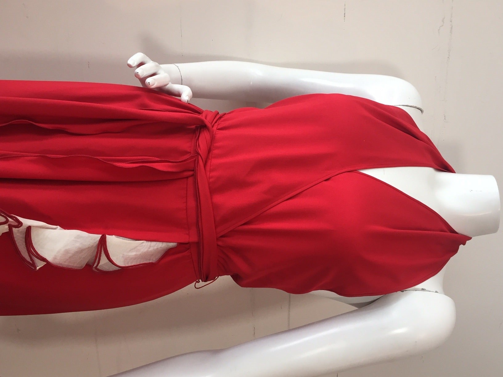 1970s Vivid Sexy Red Silk Halter Disco Dress w/ Ruffled Wrap Front 2