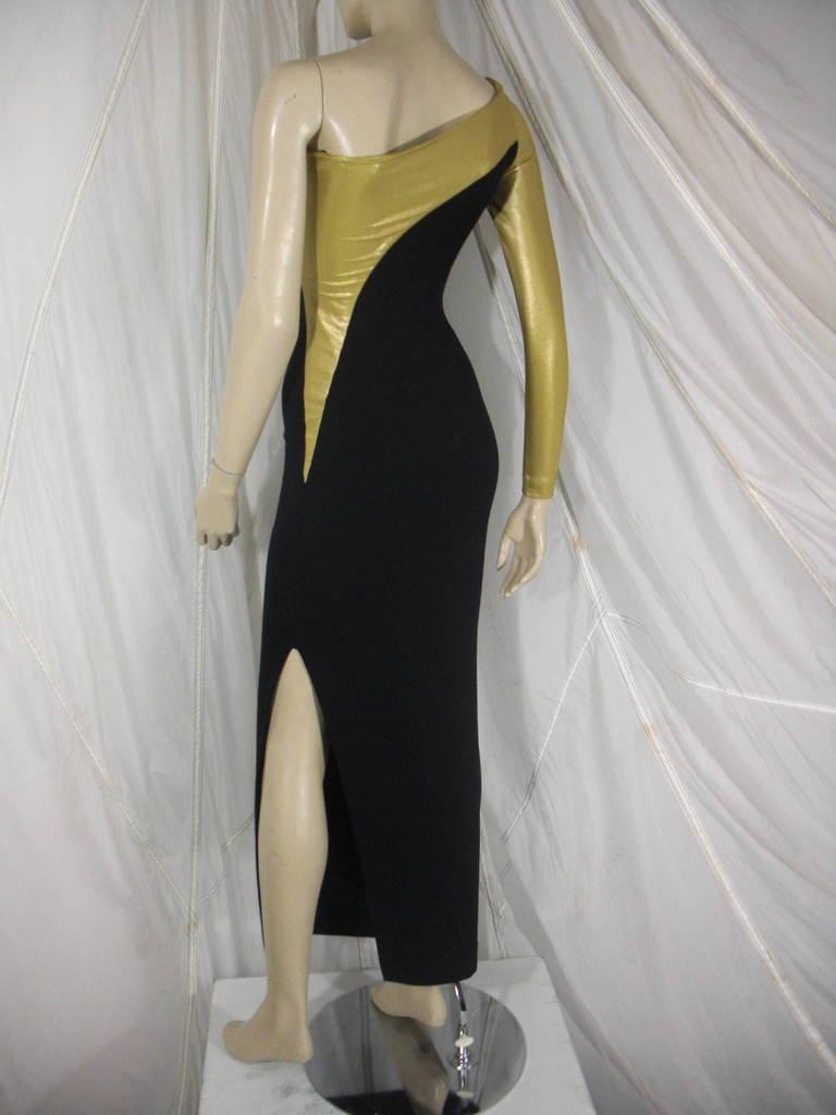 Women's 1990s Donna Karen Gold and Black Asymetrical Evening Gown