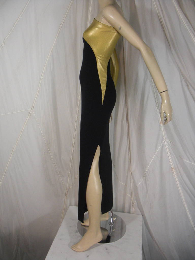 1990s Donna Karen Gold and Black Asymetrical Evening Gown In Excellent Condition In Gresham, OR