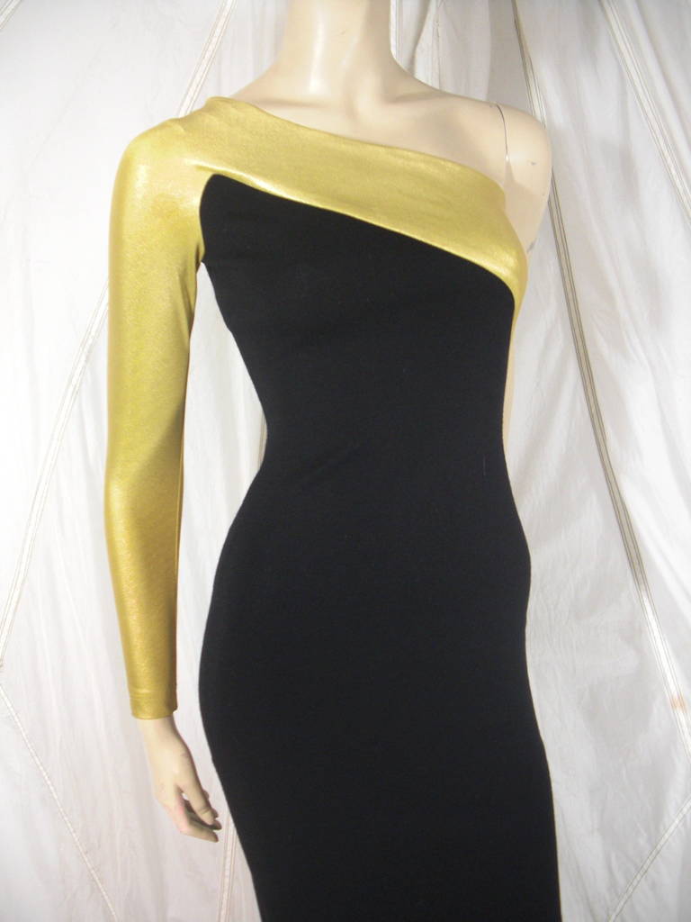 1990s Donna Karen Gold and Black Asymetrical Evening Gown 2