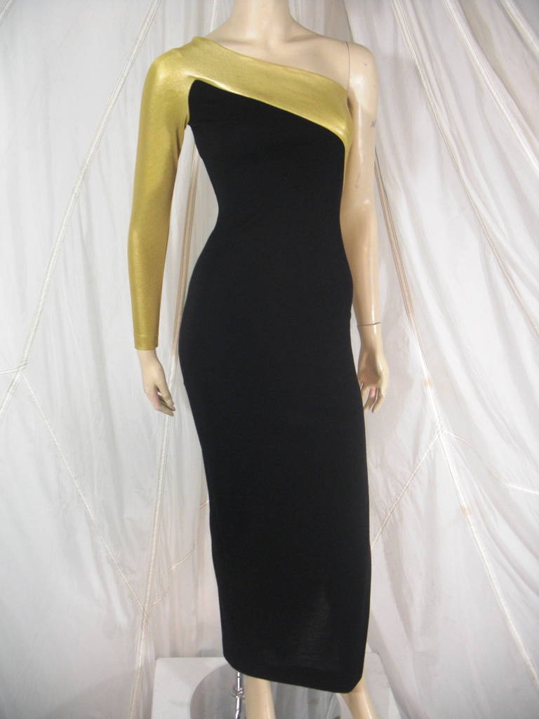 1990s Donna Karen Gold and Black Asymetrical Evening Gown 3