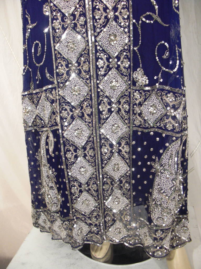 1970s Profils du Monde Saphire Blue Silk and Silver Sequin Embroidered Caftan