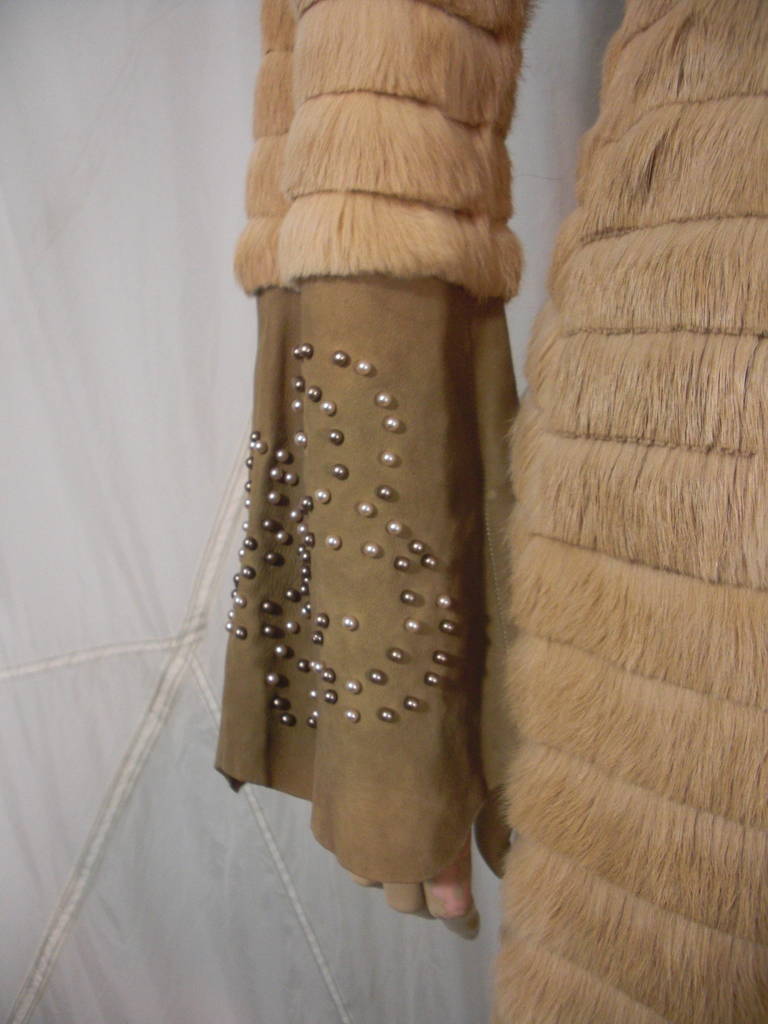 Women's Roberto Cavalli Sheared Beaver Maxi Coat with Pearl Embellishment