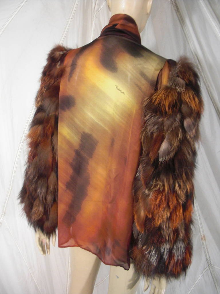 Roberto Cavalli Tiger Print Silk Blouse with Fur Sleeves In Excellent Condition In Gresham, OR