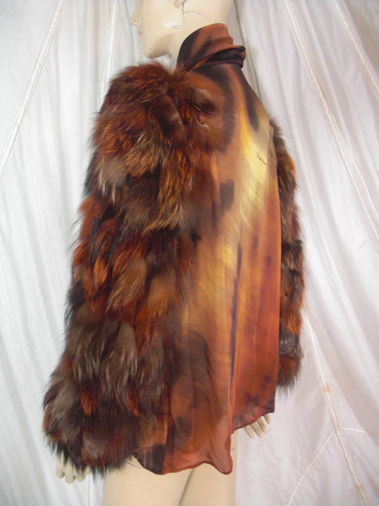 Roberto Cavalli Tiger Print Silk Blouse with Fur Sleeves 1