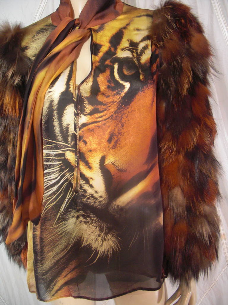 Roberto Cavalli Tiger Print Silk Blouse with Fur Sleeves 2