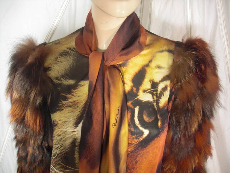Roberto Cavalli Tiger Print Silk Blouse with Fur Sleeves 3